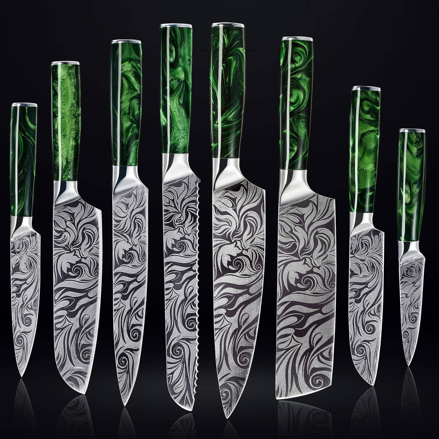 SENKEN 8-piece Engraved Japanese Kitchen Knife Set & Beautiful Green Resin Epoxy Handles - Wasabi Collection - Chef's Knife, Santoku, Cleaver, Paring, & More