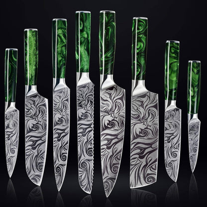 SENKEN 8-piece Engraved Japanese Kitchen Knife Set & Beautiful Green Resin Epoxy Handles - Wasabi Collection - Chef's Knife, Santoku, Cleaver, Paring, & More