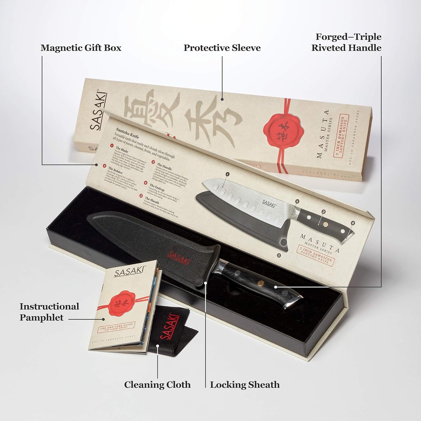 Sasaki 5228194 Masuta Japanese AUS-10 Stainless Steel Santoku Knife with Locking Sheath, 7-Inch