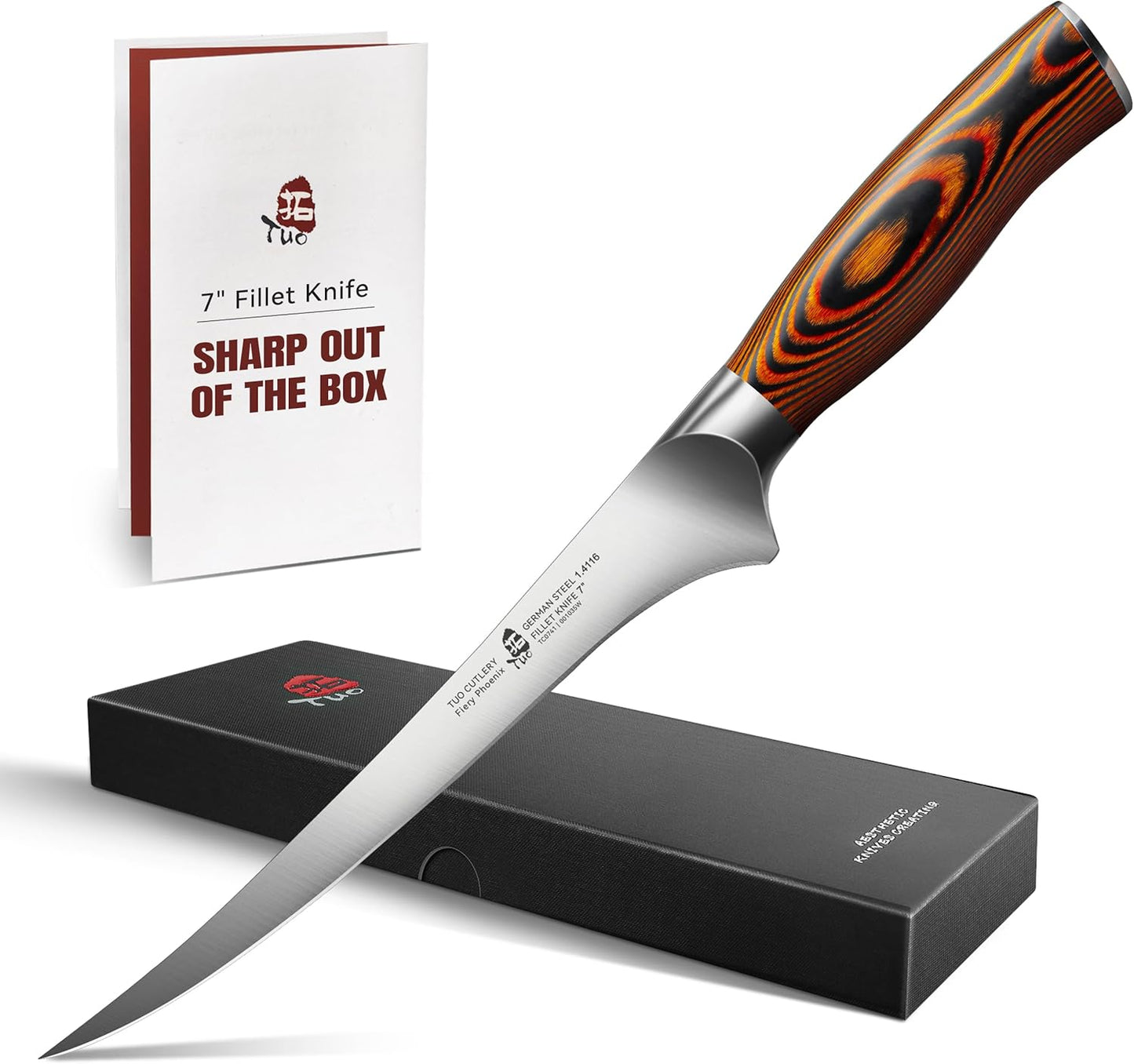 TUO Fillet Knife, 7 Inch Professional Fish Boning Knife for Trimming Meat & Poultry, Flexible Blade, High Carbon German Steel, Full Tang Handle - Black Hawk Series