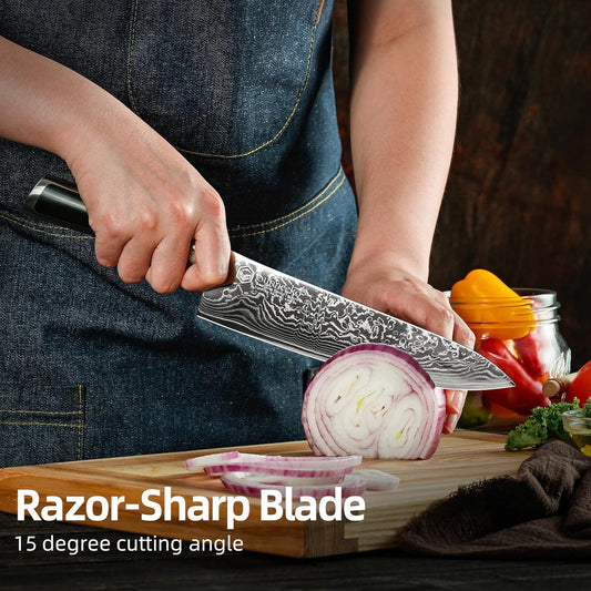Sunnecko 8 Inch Japanese Damascus Chef Knife - Ultra Sharp 10-12 Degree Edge VG10 67 Layers Kitchen Cooking Knives for Meat, Vegetable & Fruit, Full Tang Forged Blade, Premium Father Day Gift Box