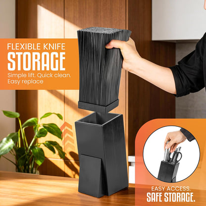Acacia Wood Angled Knife Block with Multi-Purpose Holder – Universal Kitchen Knife Storage with Removable Bristle Insert (Honey brown, regular medium)