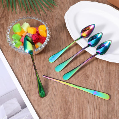5 Pcs Grapefruit Spoons and Knife Set Gold Stainless Steel Serrated Utensils for Citrus Kiwi Melon Lemon Puree Dishwasher Safe