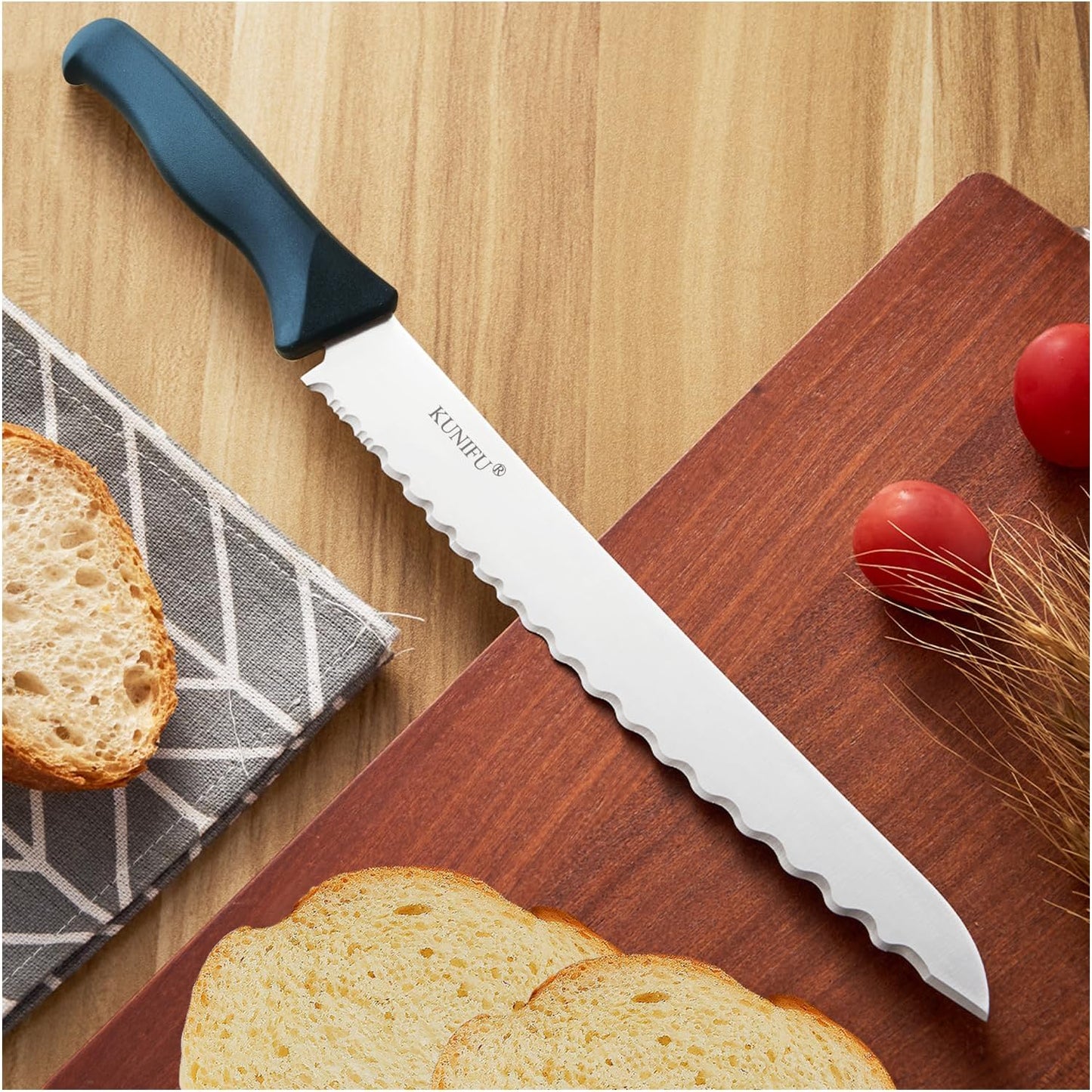 KUNIFU Bread Knife 9 Inch, Serrated Bread Slicing Knife with 5 Serration Types, Ultra Sharp High-Carbon Stainless Steel, Full Tang, Ergonomic Non-Slip Handle for Bread, Bagels, Cakes & Pastries