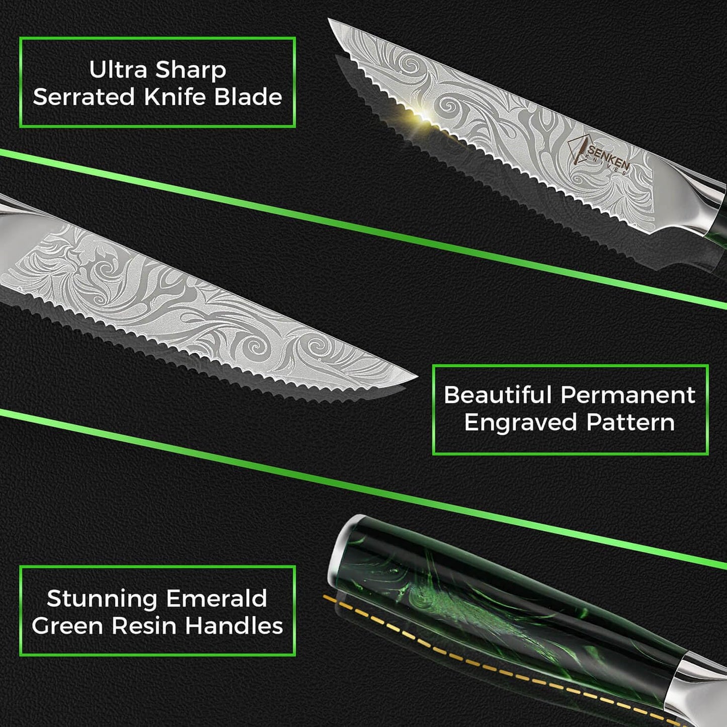 SENKEN 8-piece Engraved Japanese Kitchen Knife Set & Beautiful Green Resin Epoxy Handles - Wasabi Collection - Chef's Knife, Santoku, Cleaver, Paring, & More