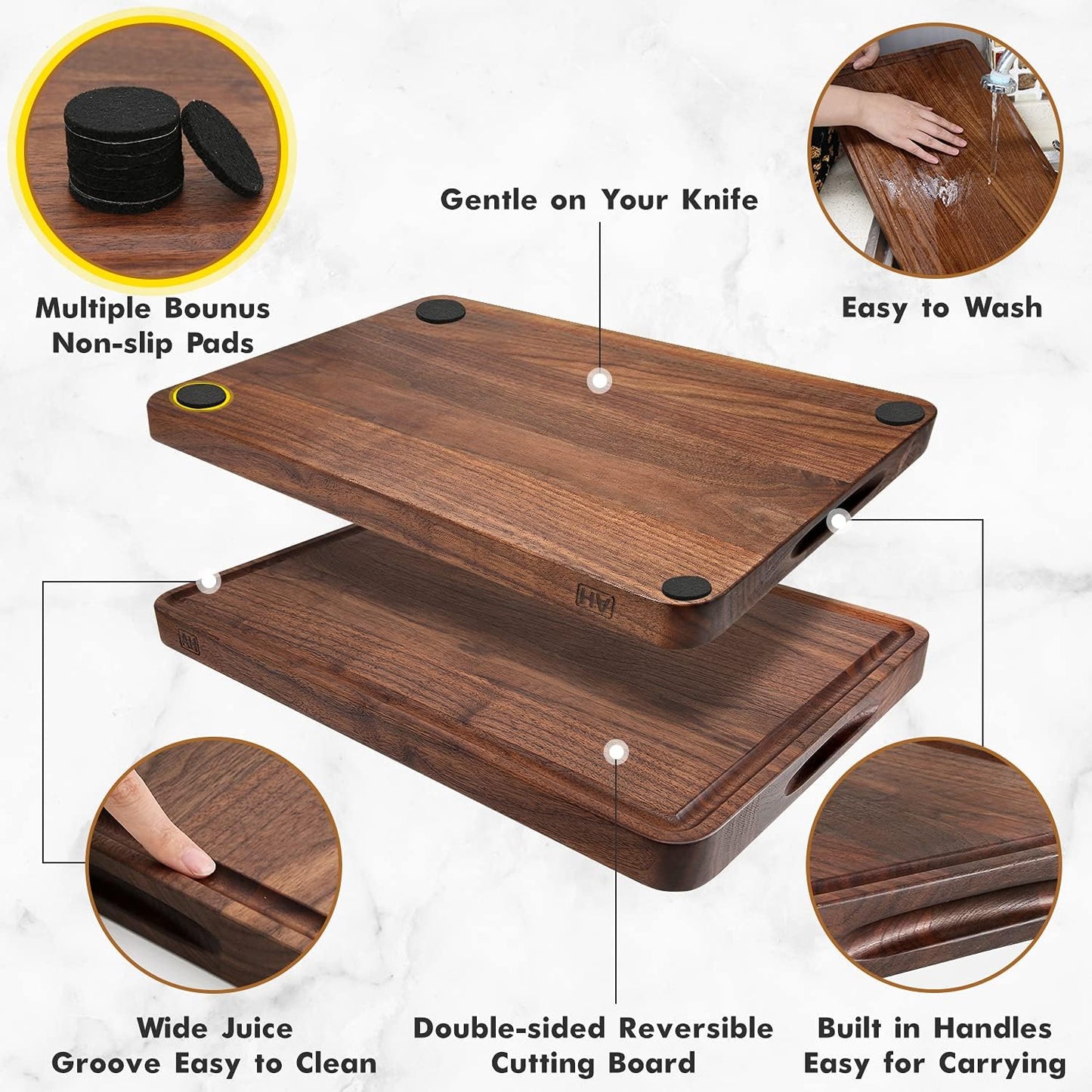 AZRHOM Large End Grain Walnut Wood Cutting Board 17x13x1.5 in Thick Butcher Block for Kitchen with Non-slip Mats Juice Groove & Handles (Gift Box)