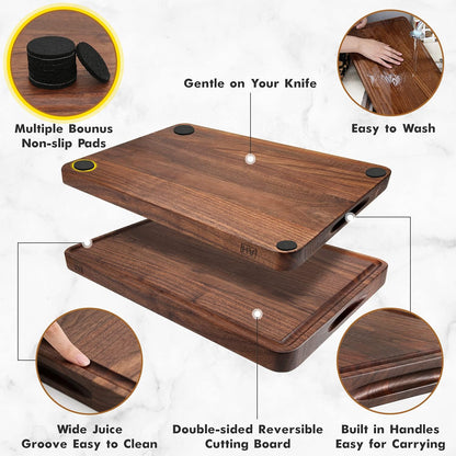 AZRHOM Large End Grain Walnut Wood Cutting Board 17x13x1.5 in Thick Butcher Block for Kitchen with Non-slip Mats Juice Groove & Handles (Gift Box)