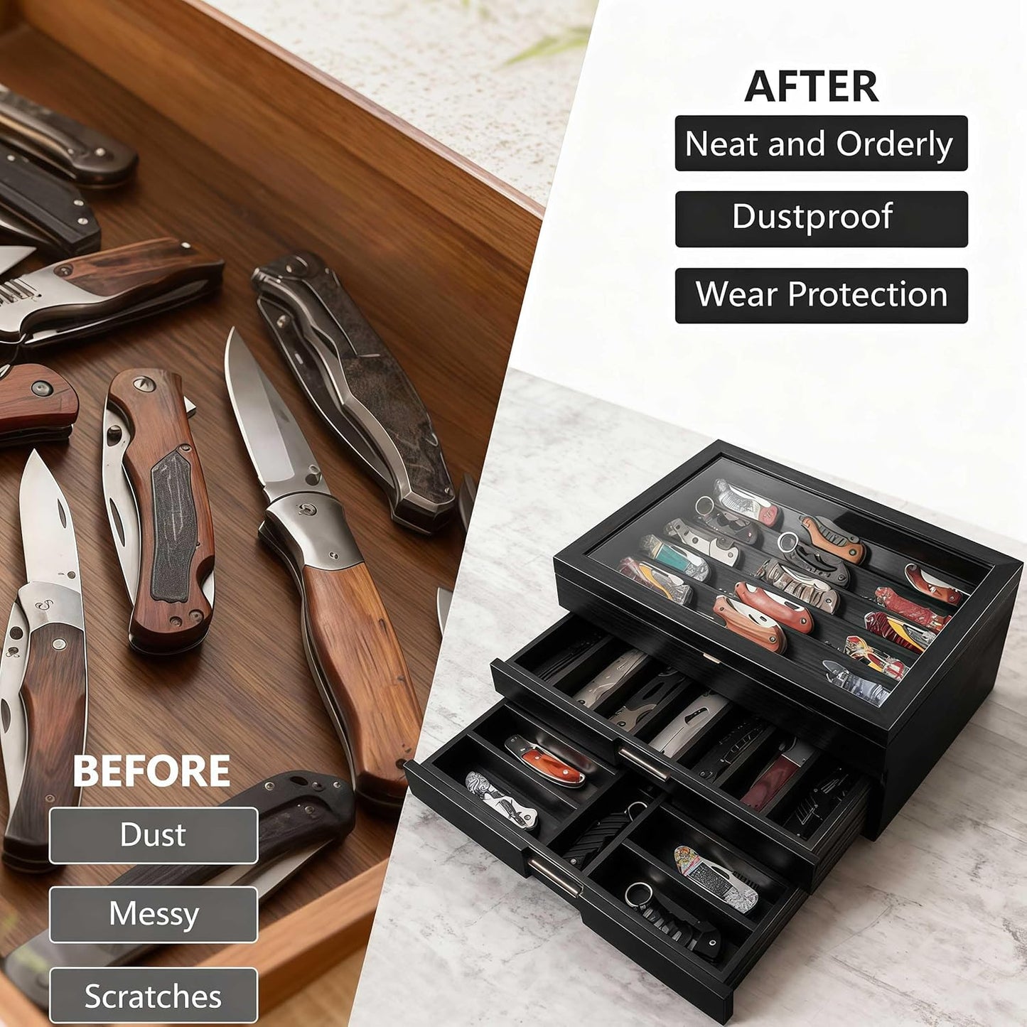 AUTOARK Knife Display Case Holds 43+ Knives,Large 3-Tier Wooden Organizer with Glass Top and Drawer,Gift for Men,Walnut,AHK-072