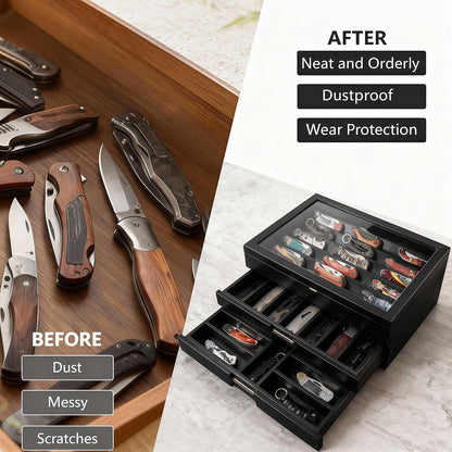 AUTOARK Knife Display Case Holds 43+ Knives,Large 3-Tier Wooden Organizer with Glass Top and Drawer,Gift for Men,Walnut,AHK-072