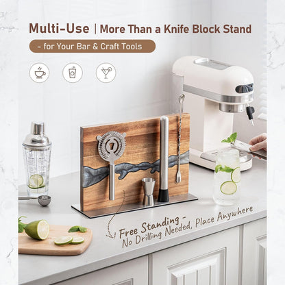 Magnetic Knife Holder Block for Countertop, No Drill Acacia Wood Stand with Epoxy Resin Art & Strong Magnets - Fits Chef Knives & Scissors & Bar Tools (No Knives Included)
