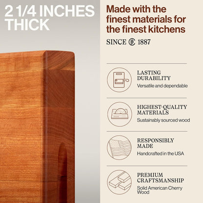 John Boos Handle Boards Series Rectangular Wooden Maple Cutting Board 24”x18” – 2.25” Thick, 30-lb Reversible Butcher Block with Juice Groove, Edge-Grain & Metal Handles