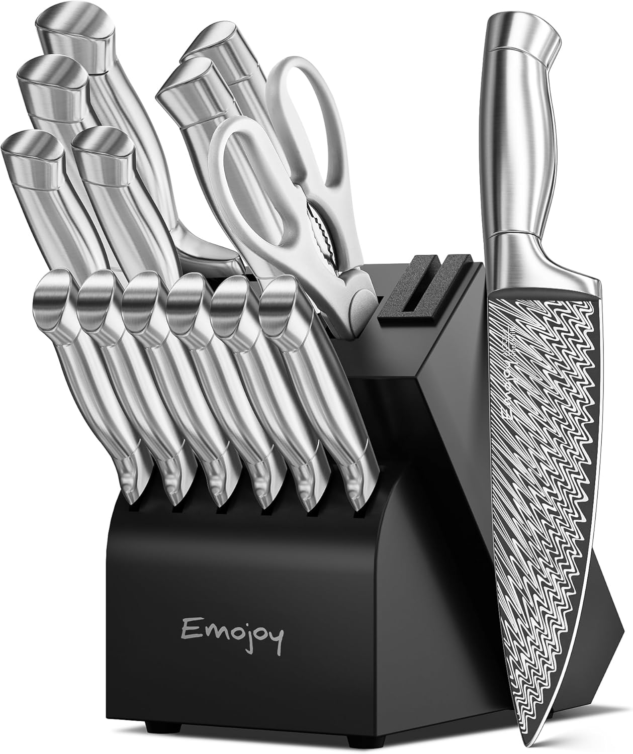 Knife Set, Emojoy 18-Pieces Kitchen Knife Set With Wooden Block, German Stainless Steel Knife Block Set With Built-In Sharpener, Professional Sharp Knives Set for Kitchen,White