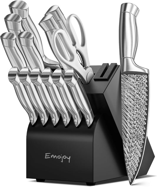 Knife Set, Emojoy 18-Pieces Kitchen Knife Set With Wooden Block, German Stainless Steel Knife Block Set With Built-In Sharpener, Professional Sharp Knives Set for Kitchen,White