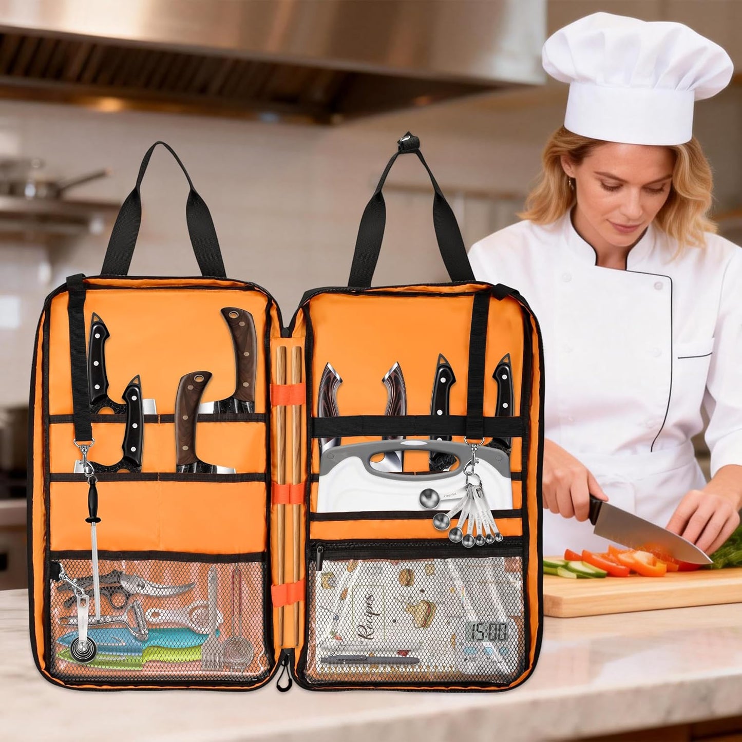 Professional Knife Bag with Front Pocket for Cookbook & Pad, Chef Knife Bag With Shoulder Strap, Knife Carrying Case for Kitchen Tools & Chef Utensils, Quilted Black