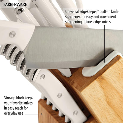 Farberware Edgekeeper Triple Riveted Knife Block Set with Built in Sharpener, 14-Piece, White