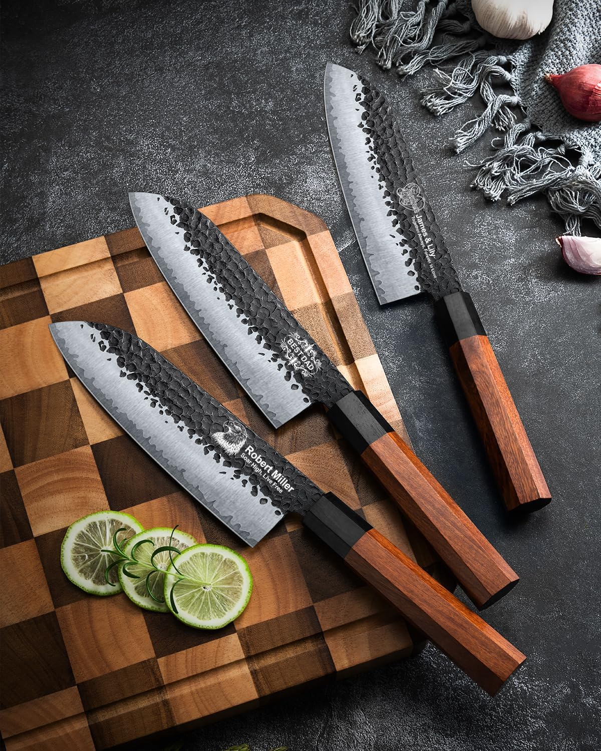 FAMCüTE Japanese Knife Block Set, Hand Forged 5-Layer 9CR18MOV Clad Steel Ultra Sharp Kitchen Knives with Wooden Storage & Rosewood Handle, Includes Chef, Santoku, Nakiri, Fruit Knife for Home Mom/Dad