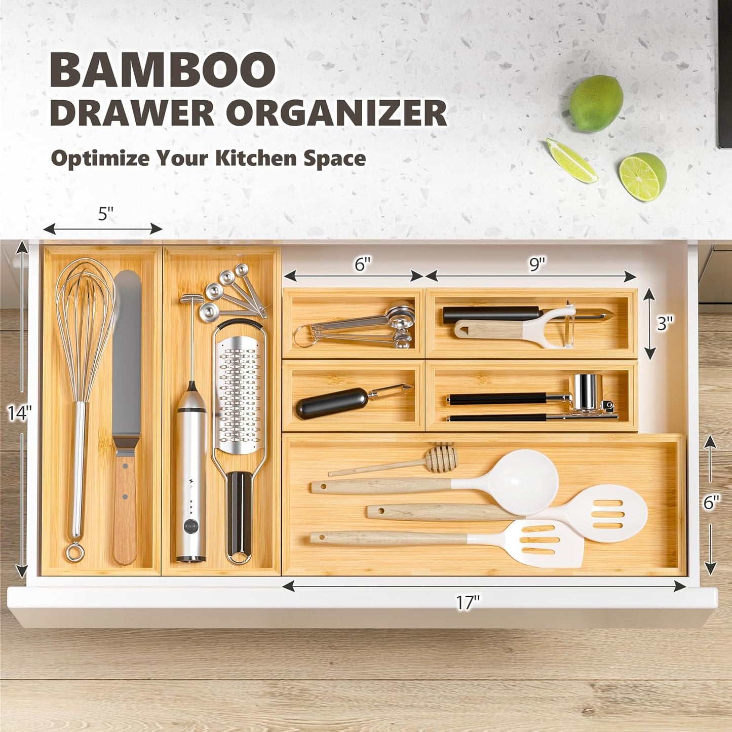 Kitchen Drawer Organizer Bins, Stackable Bamboo Deep Drawer Organizer for Silverware, Utensils, Cutlery, Flatware, Junk Drawer, Dresser, Bathroom, 12" x 3" x 2.5" (Set of 2)