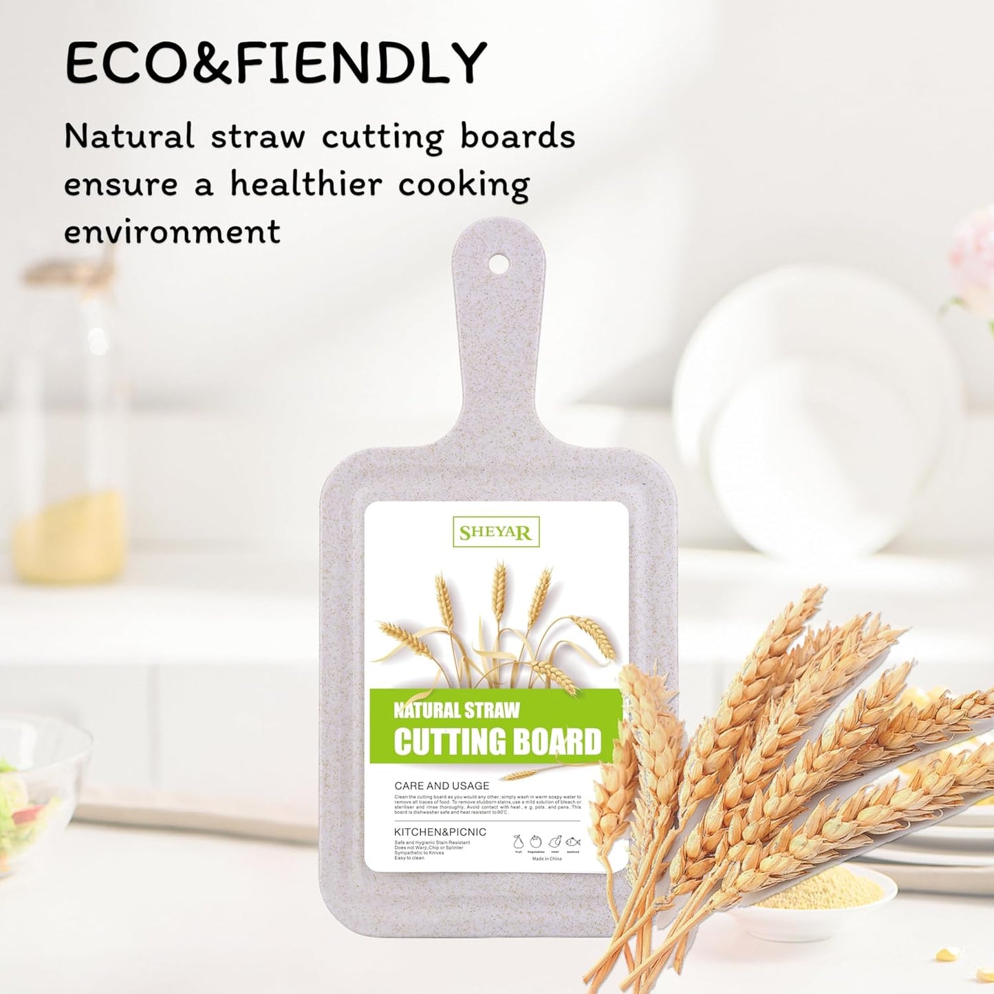 Cutting Board for Kitchen, Wheat Straw Fiber Cutting Board, Dish Washer Safe, w/Juice Grooves for Meat, Veggies, Easy Grip Handle, Non-slip Surface Eco-friendly Serveware Accessories （10‘x6.3’）