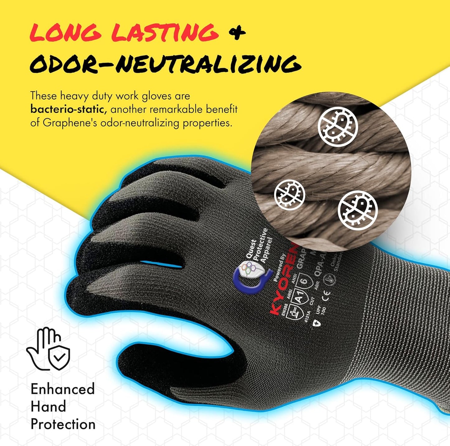 Quest Protective Apparel Cut Resistant Work Gloves (ANSI A1) – Lightweight Graphene Gloves for Gardening, DIY, Mechanical & General Handling – Breathable Grip Gloves for Men & Women – Large, Pack of 3