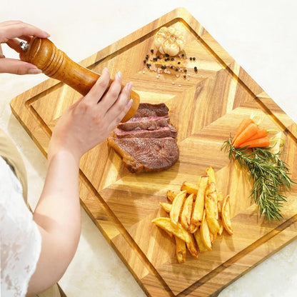 Howizz Acacia Wood Large Cutting Board, Thick End Grain Solid Wood Butcher Block For Kitchen, Non Toxic Pre-Oiled Carving Tray w/Juice Grooves and Easy Grip Handle, 20"x15"x1" (Gift-Ready Box)