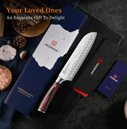 KEEMAKE Santoku Knife - 7 Inch High Carbon Japanese Chefs Knife with Ergonomic Pakkawood Handle and Sheath, Gifts for Mom or Dad, Kitchen Gadgets with Gift Box, Father Day Gifts