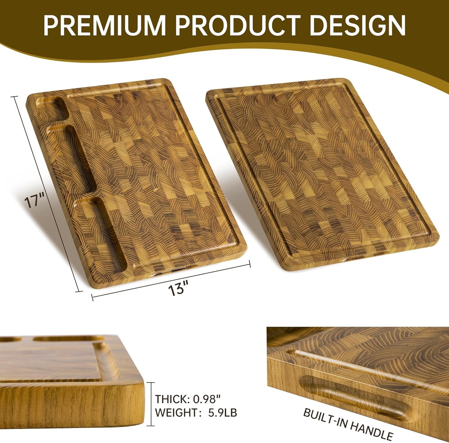 THETCHRY Teak Wood Cutting Boards for Kitchen, Large Charcuterie Board with Handle, 1" Thick Butcher Block, End Grain Cutting Board, Reversible Wooden Chopping Board for Meal Prep & Serving, 17"×13"