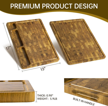 THETCHRY Teak Wood Cutting Boards for Kitchen, Large Charcuterie Board with Handle, 1" Thick Butcher Block, End Grain Cutting Board, Reversible Wooden Chopping Board for Meal Prep & Serving, 17"×13"