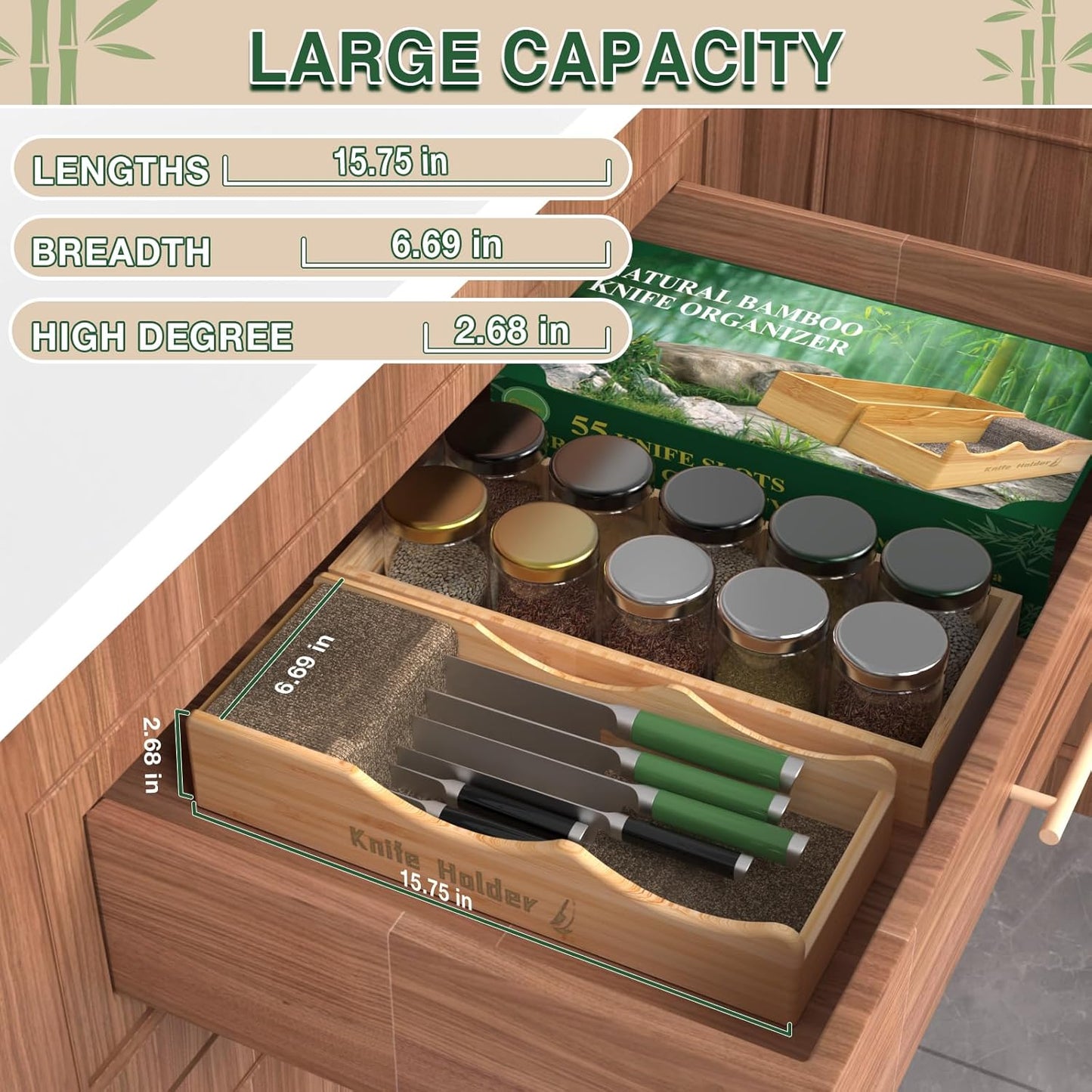 Bamboo Drawer Knife Organizer - Small Steak Knife Holder, Kitchen Drawer Insert for Storage