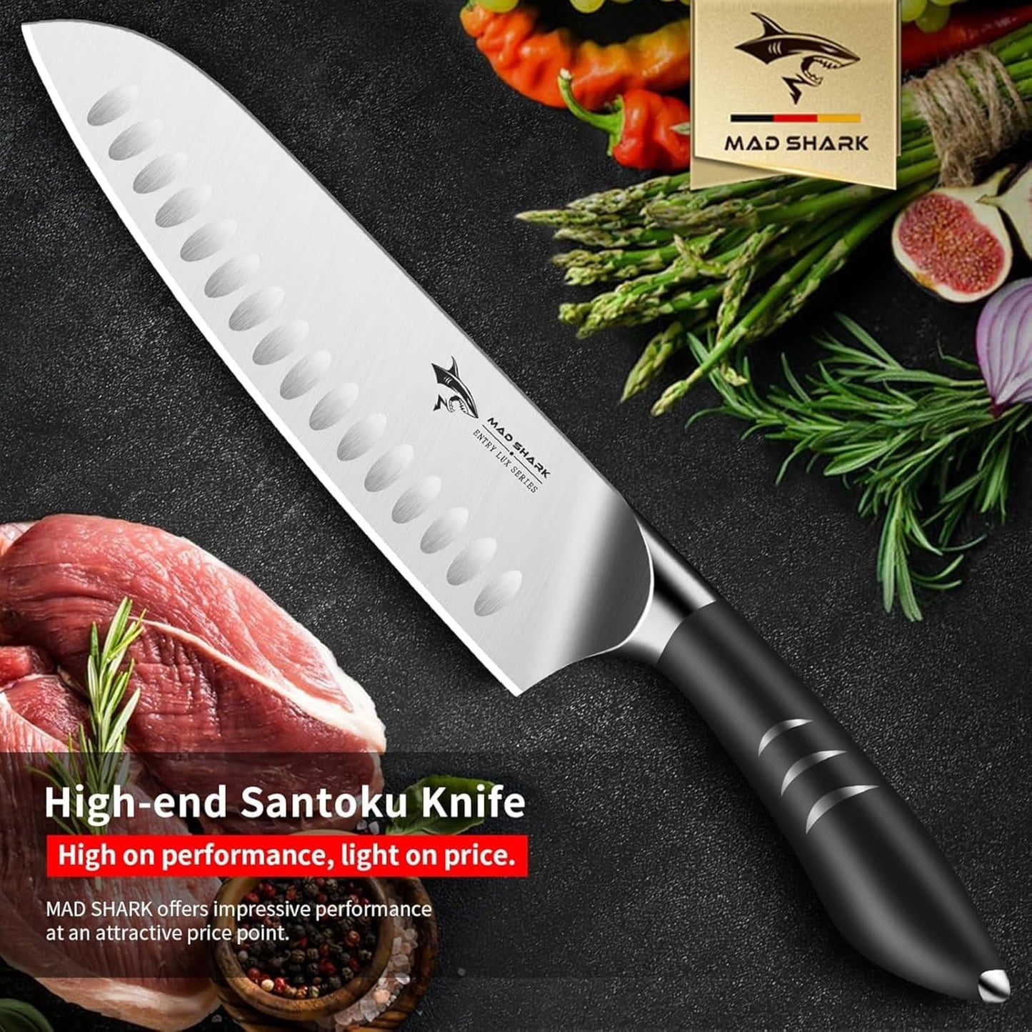 MAD SHARK 8 Inch Santoku Knife - Ultra Sharp Japanese Kitchen Knife with High Carbon German Steel, Ergonomic Handle, Ideal for Slicing, Dicing, Cutting - Unique Gift for Chefs, Men & Women (Black)