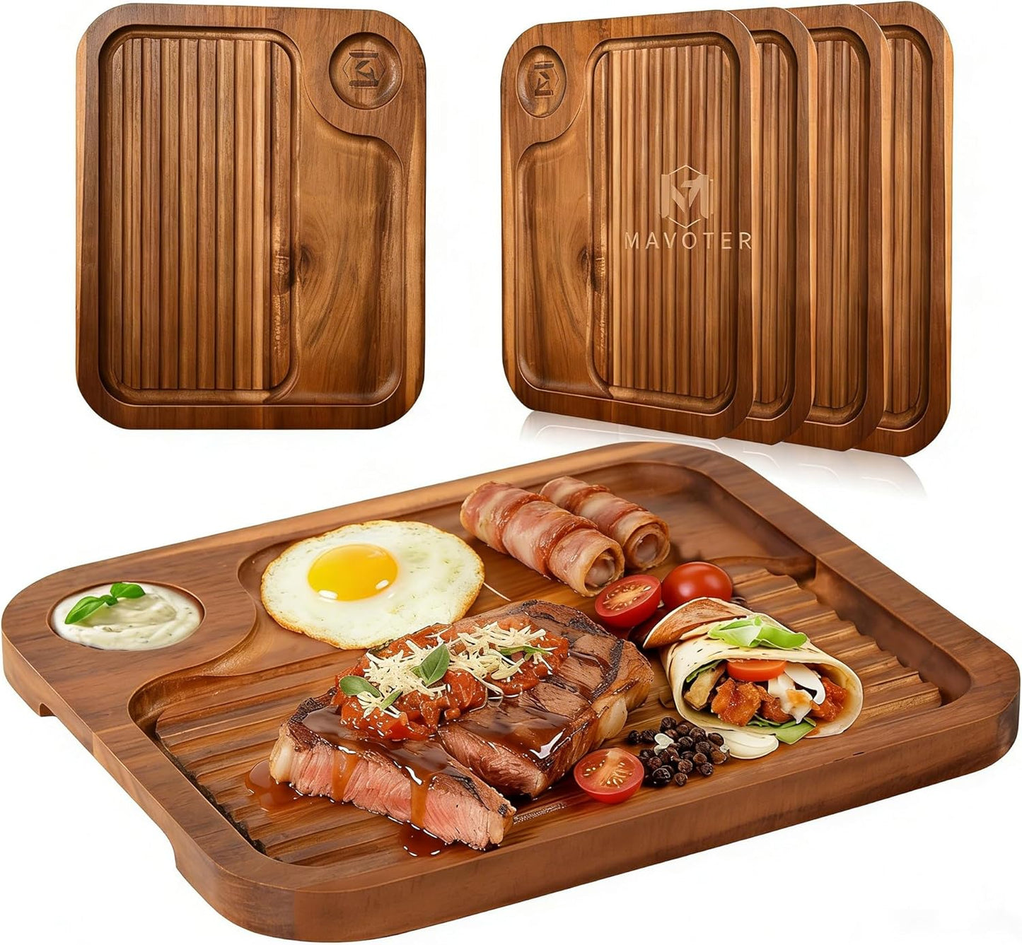 Acacia Wood Steak Plates,Carnivore Cutting Board for Eating, Carved Meat Wooden Plate, Food Serving Tray,Cheese Charcuterie Board with Deep Grooves & Hidden Handles