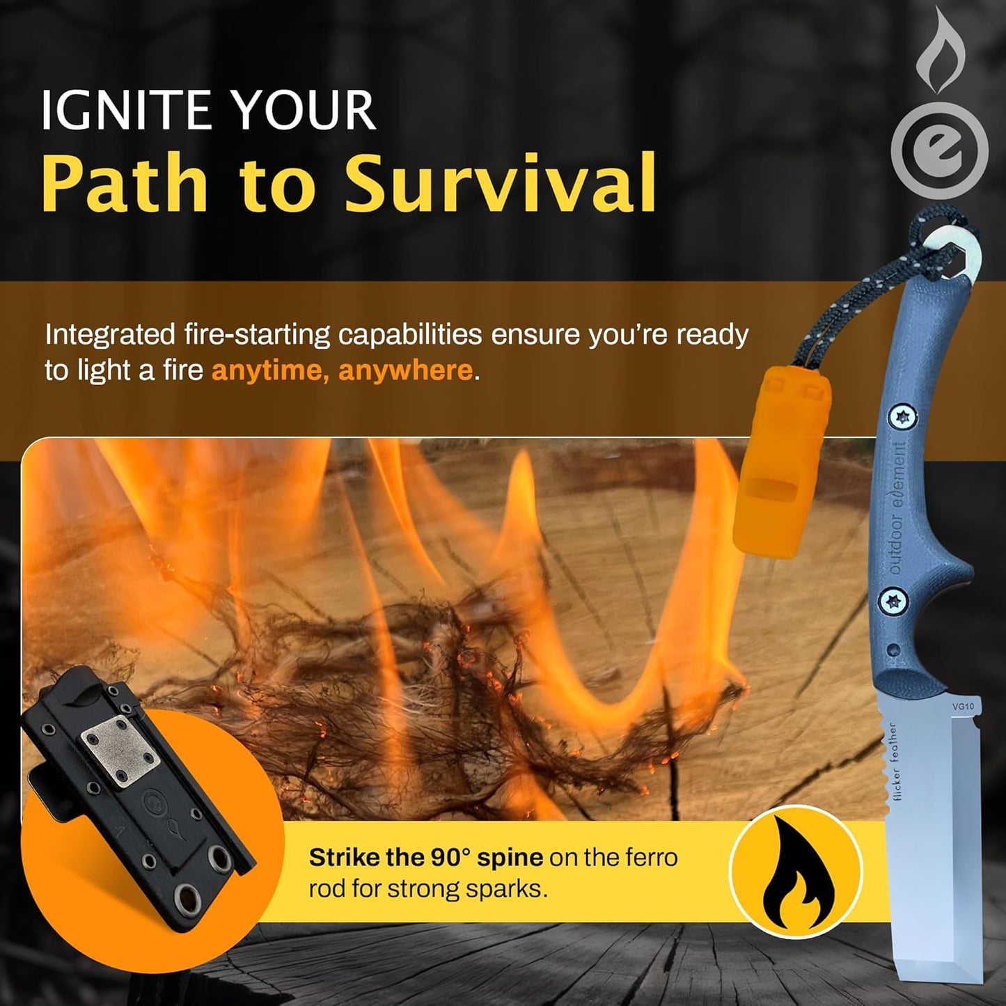 Scout Feather Glow - Fixed Blade Survival Knife with built-in Firestarter for Camping, Hunting, Outdoor Adventure and Culinary Need - VG10 Blade, Whistle, Knife Sharpener, Compact Sheath & G10 Handle