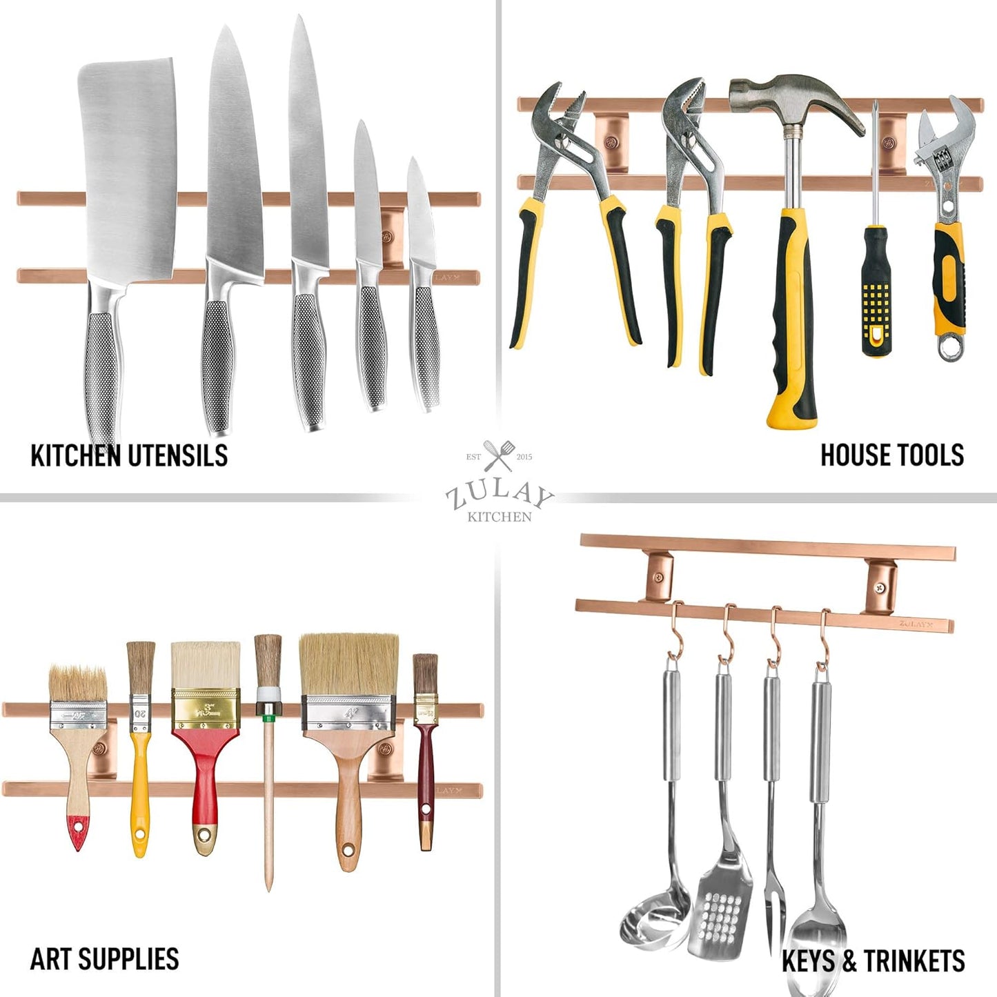 Zulay (12 Inch) Stainless Steel Magnetic Knife Holder For Wall - Powerful Knife Magnetic Strip With Extra Hanging Hooks - Wall Mount Magnetic Knife Strip & Organizer For Kitchen & Tools (Gold)