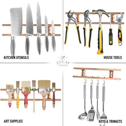Zulay (12 Inch) Stainless Steel Magnetic Knife Holder For Wall - Powerful Knife Magnetic Strip With Extra Hanging Hooks - Wall Mount Magnetic Knife Strip & Organizer For Kitchen & Tools (Gold)