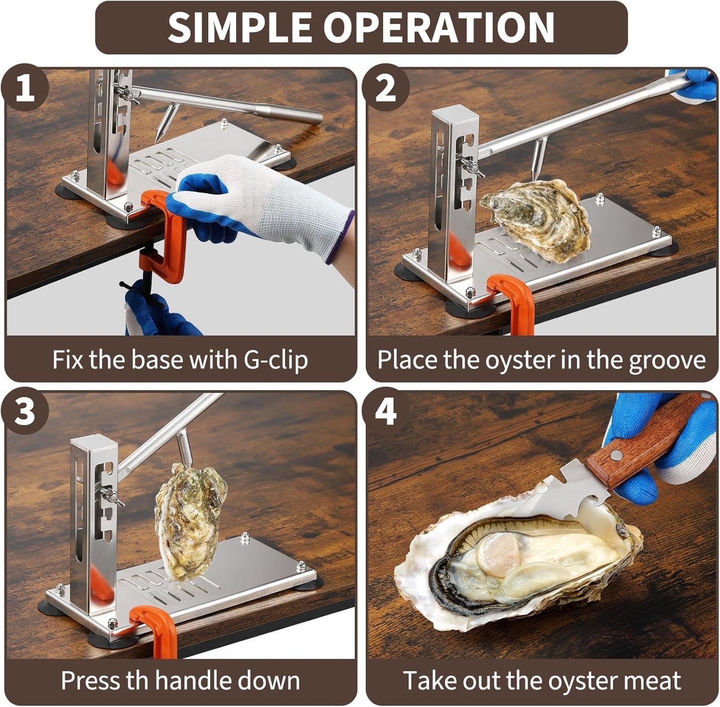 Oyster Opener Machine, Stainless Steel Oyster Shucker Tool with 5 Adjustable Heights, Oyster Clam Opener Tool Set Including Knife, Glove & G-Clip, Shucking Tool Kit for Hotel Buffet and Home
