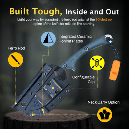Scout Feather Glow - Fixed Blade Survival Knife with built-in Firestarter for Camping, Hunting, Outdoor Adventure and Culinary Need - VG10 Blade, Whistle, Knife Sharpener, Compact Sheath & G10 Handle