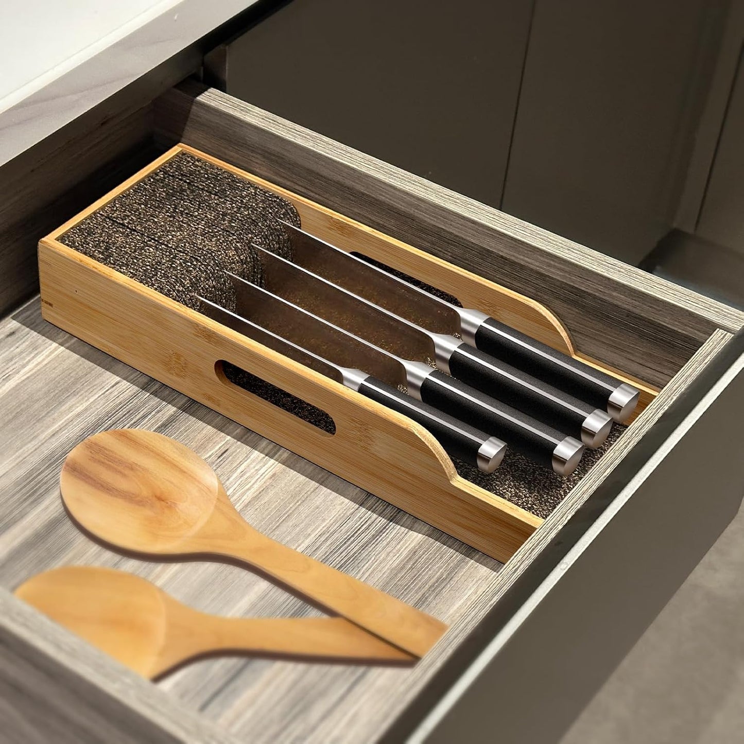 Bamboo Knife Drawer Organizer Insert Dock, Kitchen Steak Knives Organizer Storage for Any Chef