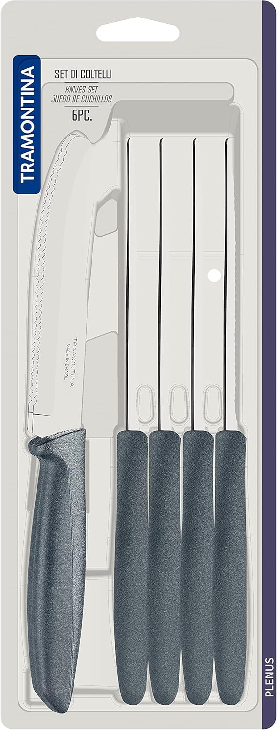 Tramontina Kitchen Knives Set of 6, Serrated Fruit Tomato Cooking Knife, Vegetable Chopper Peeler, Stainless Steel, Multipurpose, Pointed Tip, Brown, 23498454
