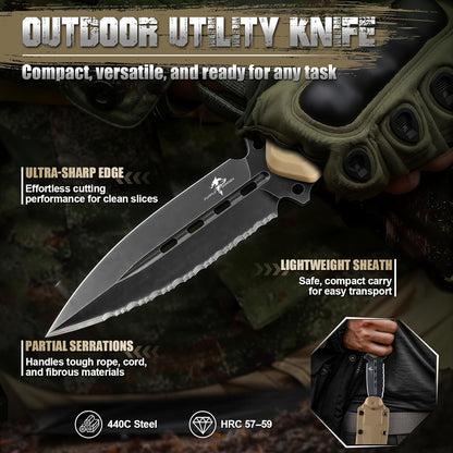 Purple Dragon Fixed Blade Knife with Kydex Sheath,440C Steel Full Tang Outdoor Utility Knife with G10 Handle for Camping, Hiking,Bushcraft & Outdoor Use-Black