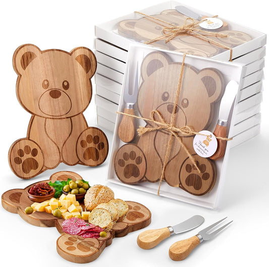 Ziliny 6 Set Baby Shower Prizes Bear Shaped Cheese Board with Cheese Knives and Forks Baby Shower Party Favors Gift Box for Wedding Bridal Birthday Gender Reveal Favor (Acacia Color)