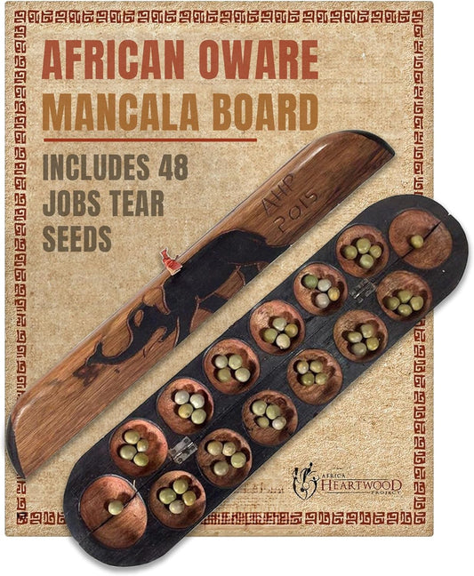 Africa Heartwood Project African Oware Mancala Board - Extended Size, Hand-Carved Solid Wood with Elephant Design, Wooden Folding Mancala 21" Board, 48 Grey, Green Tear Seeds and Playing Instructions