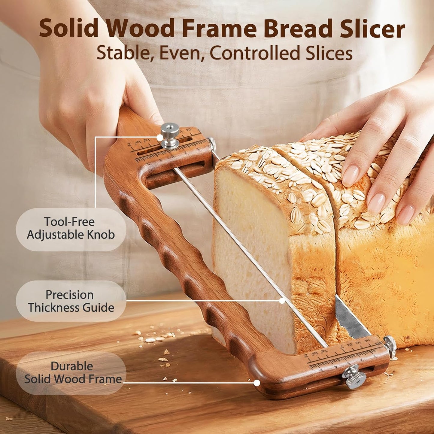 Adjustable Bread Slicer for Sourdough — Precision Homemade Bread Knife with Thickness Guide, Sharp Stainless Serrated Blade, Wooden Frame, Bread Cutter for Baguettes, Gift for Bakers, Mother's Day