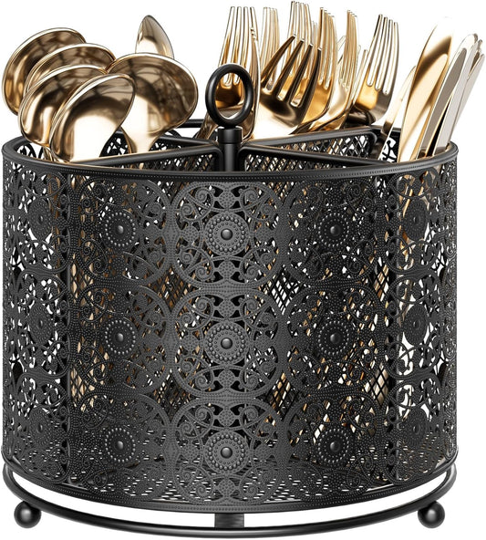 YIUKEA Rotating Utensil Caddy Holder - Higher Raised Cutlery Caddy Countertop - Metal Silverware Caddy Organizer with 4 Compartment for Kitchen Counter Party Office white