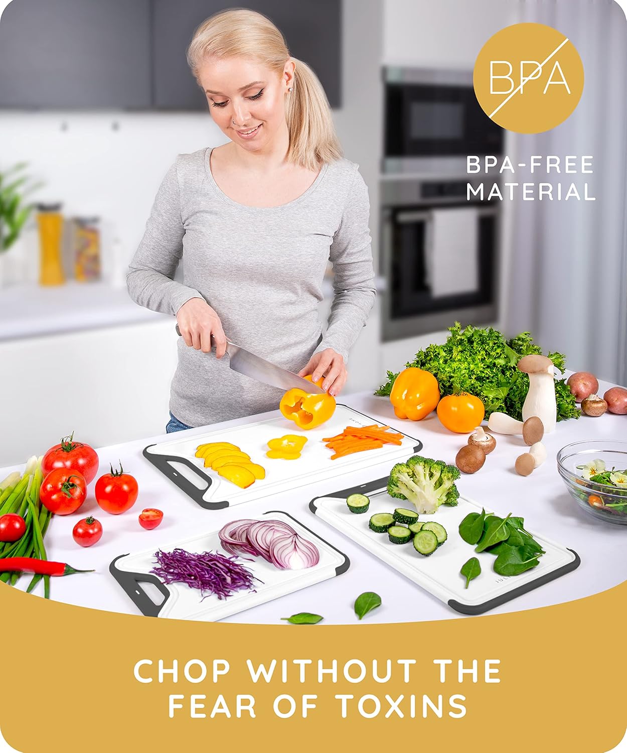 Cutting Boards for Kitchen, Plastic Cutting Board Set of 3, Dishwasher Safe Cutting Boards with Juice Grooves for Meat, Veggies, Fruits, Easy Grip Handle, Serveware Accessories (Gray)