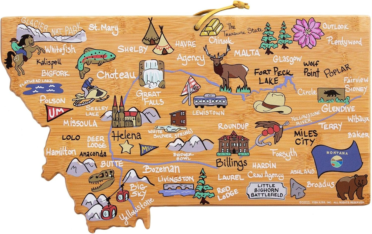 Totally Bamboo Tennessee State Shaped Cutting Board and Charcuterie Serving Platter with Artwork by Fish Kiss, Includes Hang Tie for Wall Display - Colors A