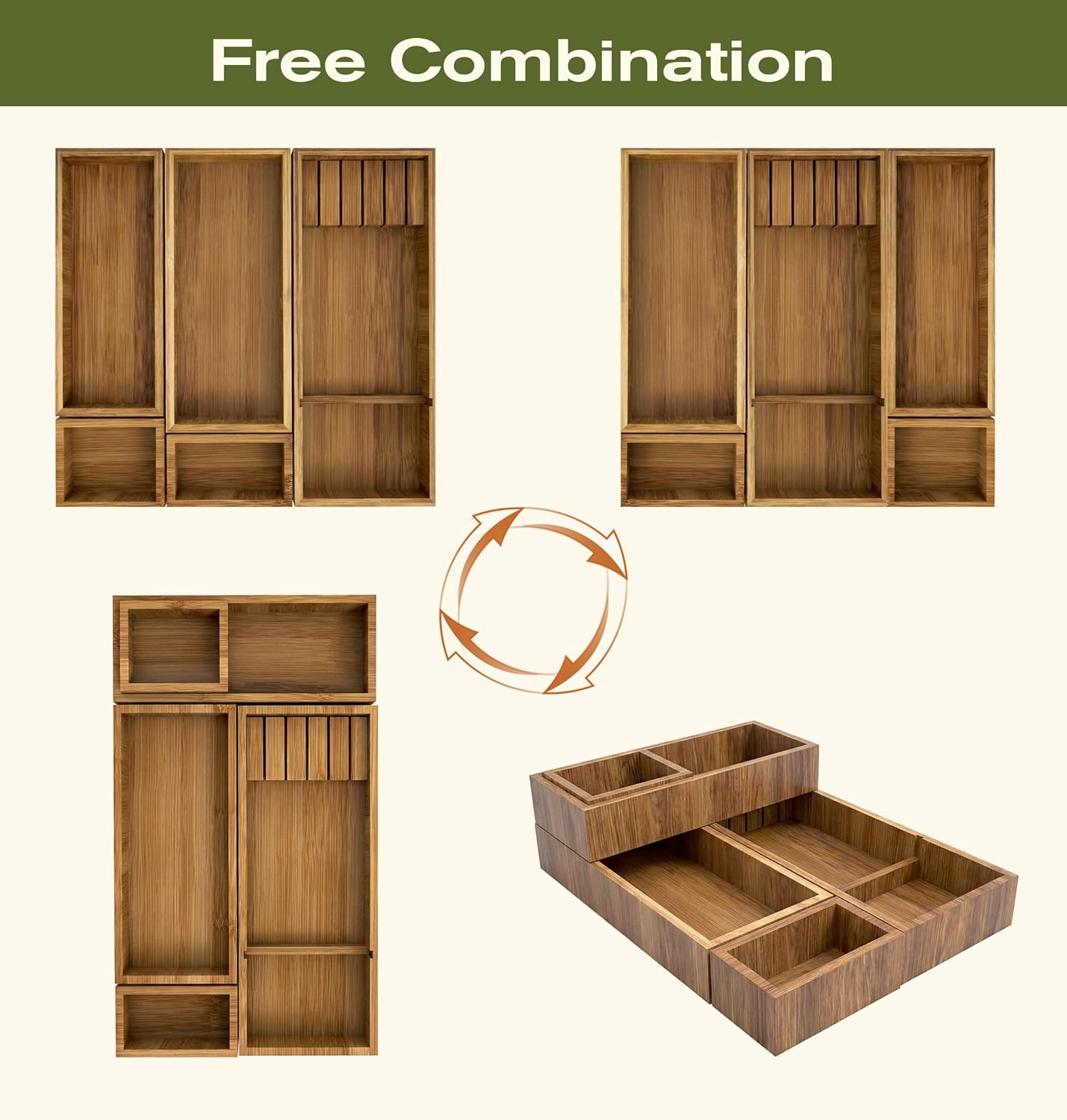 KOCWELL Bamboo Silverware Drawer Organizer with Knife Block, 3 Removable Drawer Organizer Bins - Multi-Use for Kitchen Utensils, Office, Makeup, Tools Storage