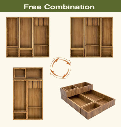 KOCWELL Bamboo Silverware Drawer Organizer with Knife Block, 3 Removable Drawer Organizer Bins - Multi-Use for Kitchen Utensils, Office, Makeup, Tools Storage