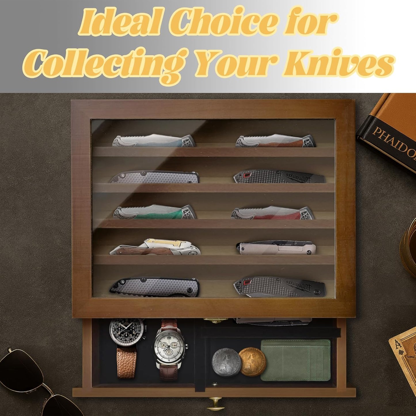 Knife Display Case,2 Layer Pocket Knife Display Case Wood, Knife Collection Display Case with Drawers, Pocket Knife Organizer for Gifts, Black