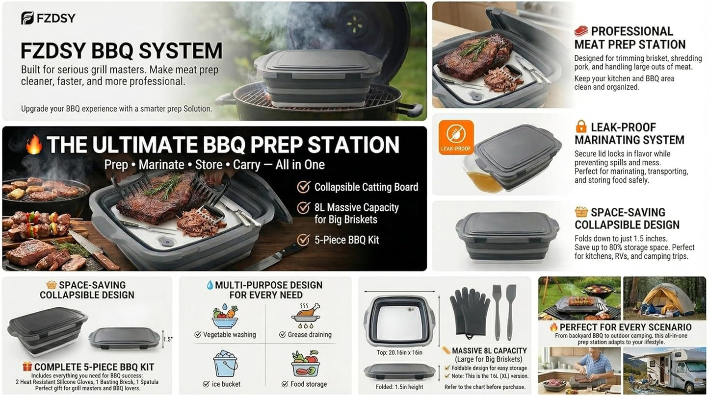 Collapsible BBQ Prep Tub with Lid & Cutting Board 8L - Meat Marinating Basin & Grill Carry System - 5pc Set with Heat Resistant Gloves, Basting Brush & Spatula(Orange, Large, 8L)