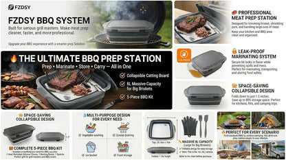 Collapsible BBQ Prep Tub with Lid & Cutting Board 8L - Meat Marinating Basin & Grill Carry System - 5pc Set with Heat Resistant Gloves, Basting Brush & Spatula(Orange, Large, 8L)