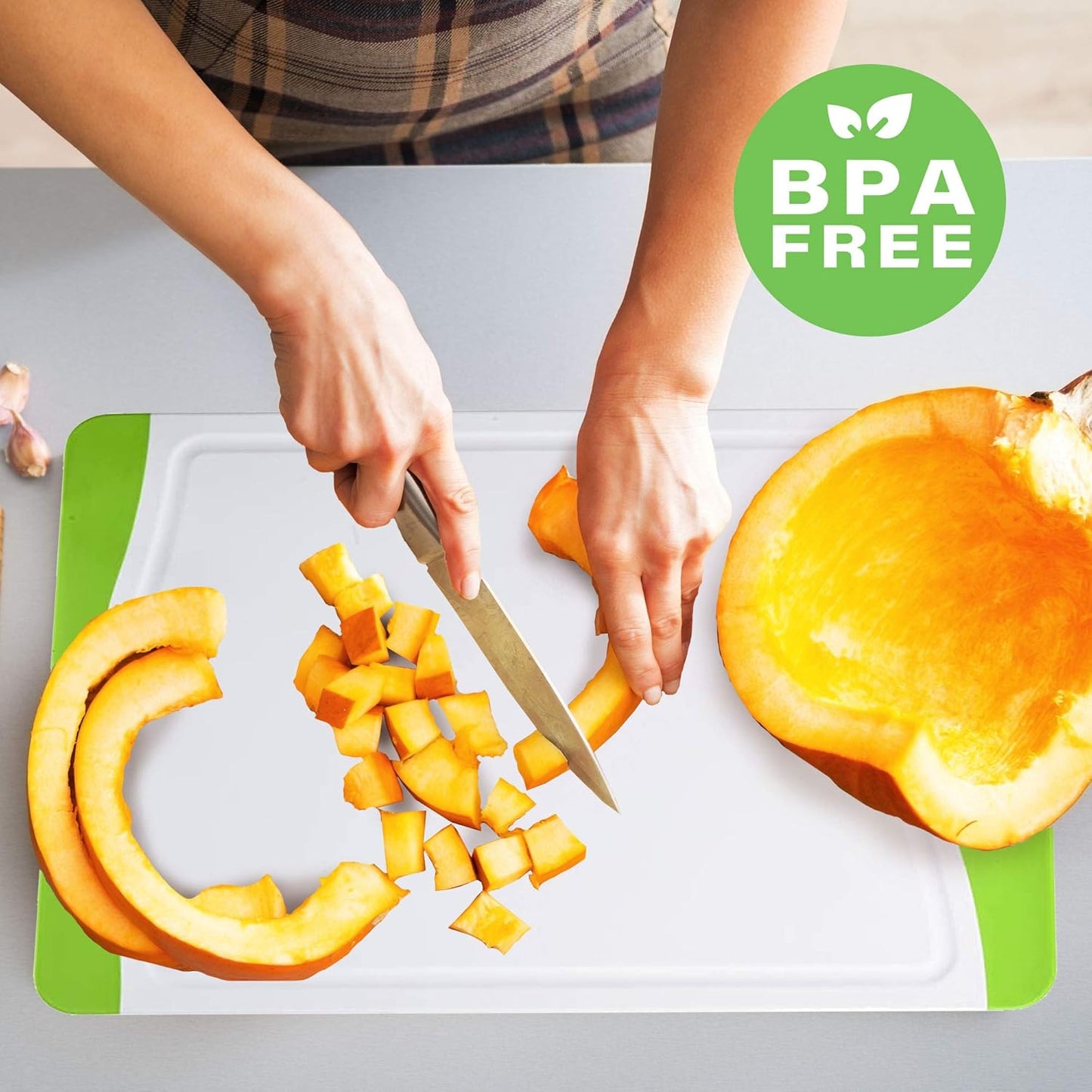 Neoflam 4 Piece Plastic Coded Cutting Board Set plus Organizer with Food Icon, Microban Protection, Extra Large, BPA Free, Juice Groove, Non Slip, Dishwasher Safe, Multicolor